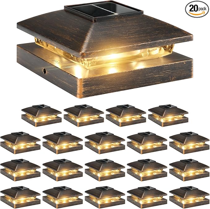 Solar Post Cap Lights Outdoor 20pack, Waterproof Solar Powered Deck Fence Post Lights Fit 4x4 Wood/Vinyl Posts, Bright Warm White Solar Post Lights Decorate Deck, Patio, Porch, Fence(Copper)