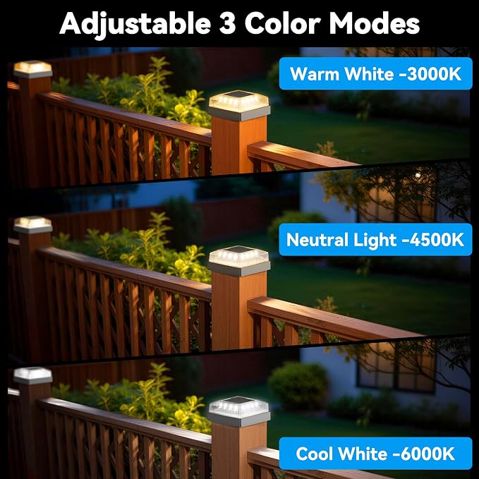 Solar Post Cap Lights for 4x4 Wood/Vinyl Posts 8-Pack, Black | 4x4 Post Solar Lights, IP65 Waterproof, 10-12 Hours of Illumination with 3 Lighting Modes for Garden/Patio/Porch