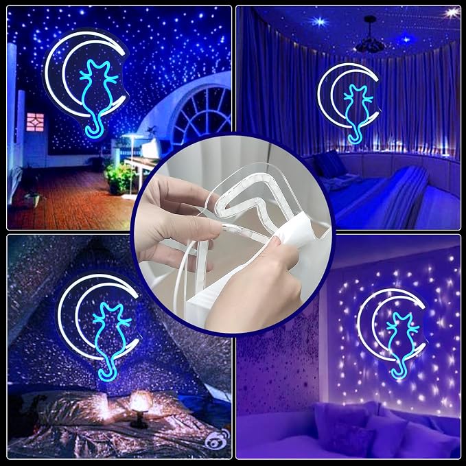 JEDAEMEN Moon Cat Neon Signs for Wall Decor White Blue LED Sign Neon Lights | Moon Cat Led Light Sign Preppy Room Decor Light Up Sign for Birthday Party Decoration USB Powered