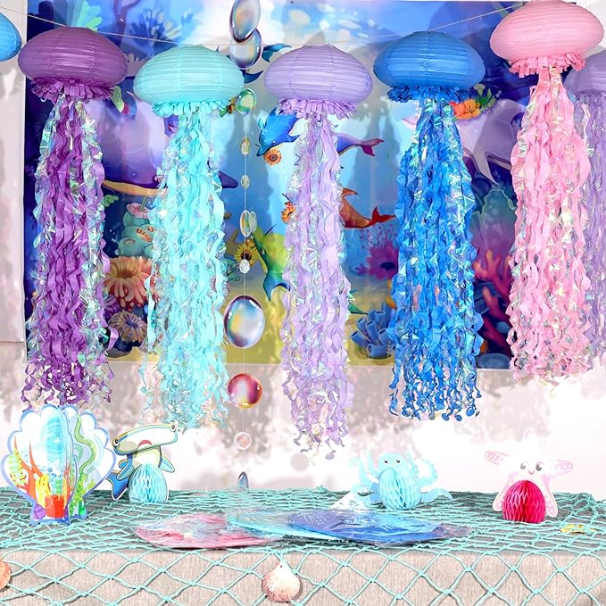 Hanging Jellyfish Lanterns Multi-Color 6 Pack - Ocean-Themed Decor for Under the Sea Mermaid Birthday Party Classroom & VBS Baby Shower Beach Theme