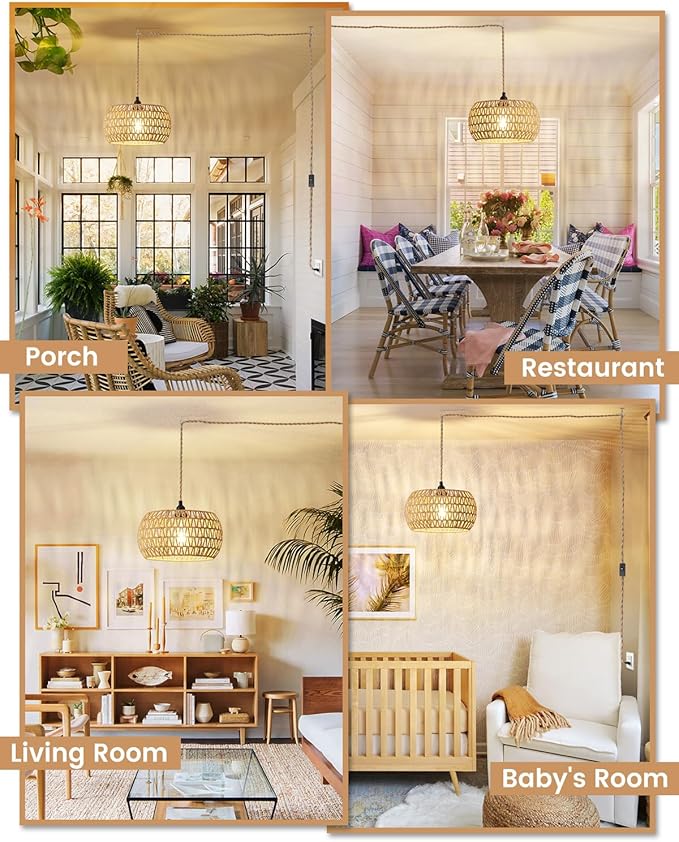 Rattan Boho Hanging Light,12.6'' Natural Hand Woven Fabric Drum Light,Plug Into Wall Outlet Pendant Light Fixture On/Off Switch for Dining,Living Room,Bedroom,Kitchen,Hallway Entryway, Without Bulb