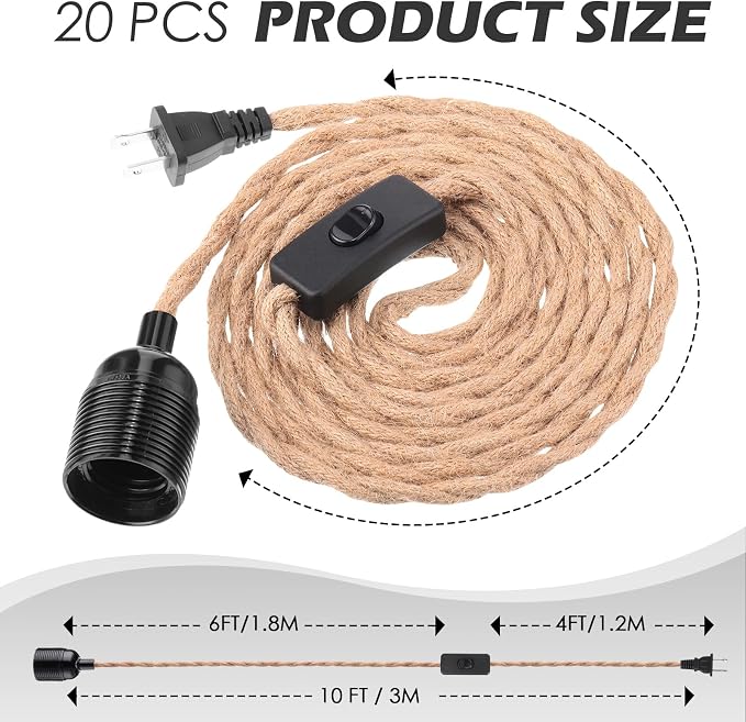 20 Pcs 10ft Pendant Light Cords Kit with Switch Rope Cord Fixtures Hanging Vintage Lamp with Plug Twisted Nylon Pendant Lamp Extension E26 E27 for Farmhouse Industrial Home DIY Decoration