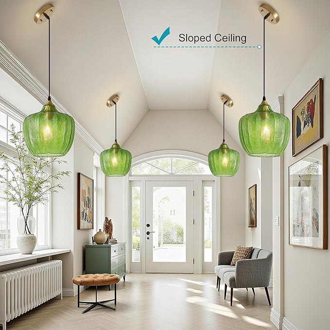 Modern Gold Pendant Light, Green Glass Farmhouse Kitchen Island Pendant Light Fixture Adjustable Vintage Hanging Ceiling Light for Dining Room Corridor 9.45 inch 1 Pack, UL Certification