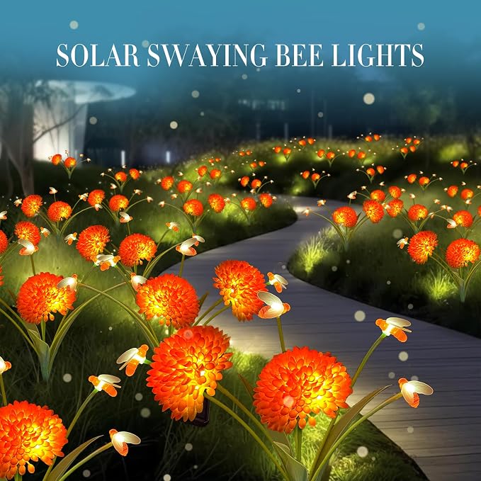 Solar Garden Lights, 2 Pack Solar Swaying Bee Lights with Flowers, Waterproof Firefly Light Outdoor for Garden Patio Yard Pathway Fall Decoration, Gifts for Women Mother's Day