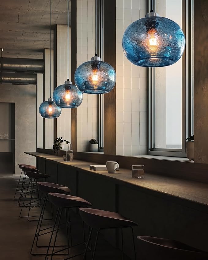Glass Pendant Lights Kitchen Island, Marble Blue 8.7 Inch 2 Pack | Hand Blown Glass Ceiling Hanging Modern DiningTable,Adjustable Cord Brushed Nickel ETL Certification