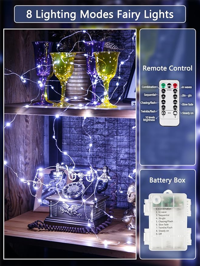 3 Pack Fairy Lights Battery Operated with Remote 120 LED 40 FT Cool White | Twinkle String Lights with 8 Modes Timer and IP44 Waterproof for Indoor Outdoor Christmas Party Fireplace Bedroom DIY Decor