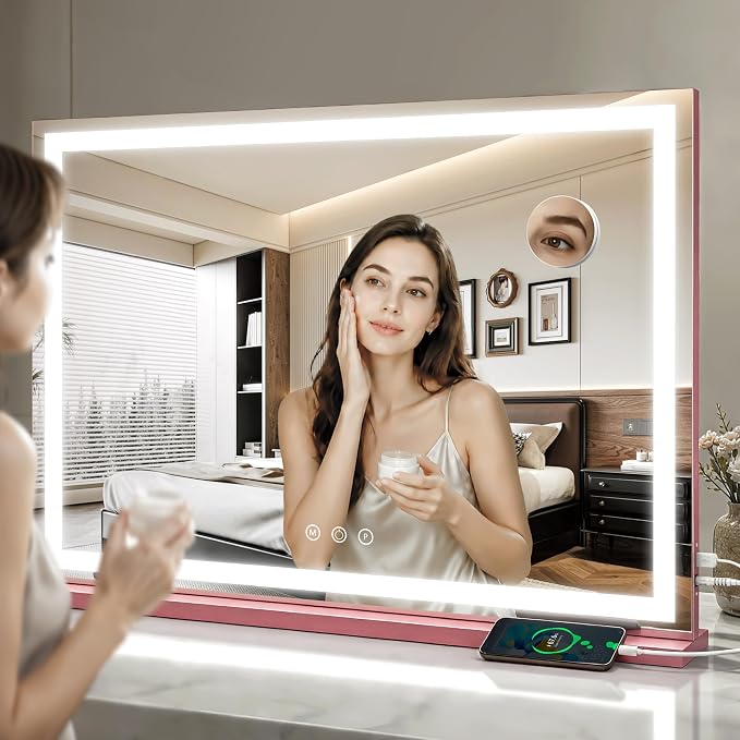 FENNIO Large Vanity Mirror with Lights，35.5" x 27" LED Makeup Mirror，Hollywood Mirror with 3 Color Modes & Adjustable Brightness，Vanity Mirror Square Pink
