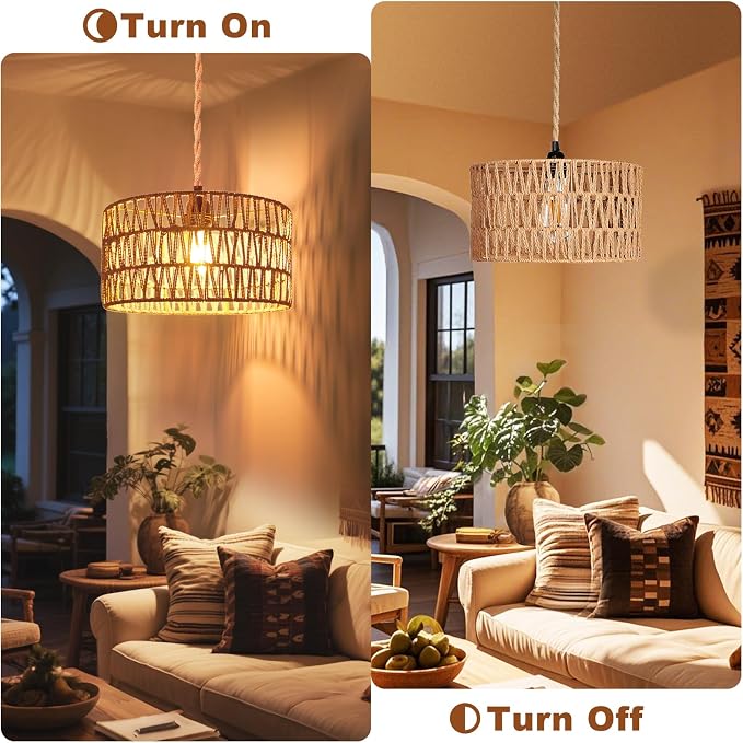 Maliralt Hanging Lamps Rattan Pendant Light Hanging Lights 16.4ft Plug in Cord Pendant Light Fixture Plug Into Wall Outlet Pendant Lighting with On Off Switch for Bedroom Living (Cylindrical Shade)