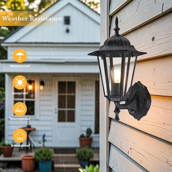 GRUENLICH Outdoor Wall Light Fixture, Rustproof Aluminum, Glass | Dusk to Dawn Exterior Porch Light Wall Sconce Lantern for House, Patio, Garage, Waterproof, E26 Socket 60W Max, Black, 2 Pack