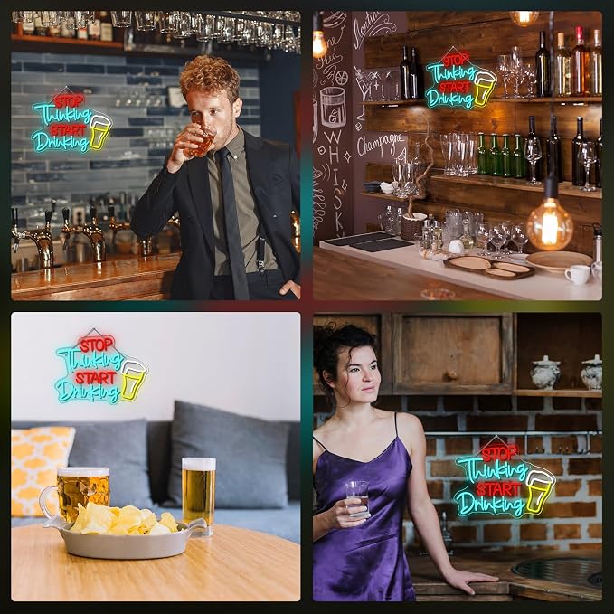 Stop Thinking Start Drink Beer Neon Sign Fun LED Bar Wall Decor Neon Lights for Pubs, Light Up Sign for Home Bar Man Caves Party Club Restaurant & Basements