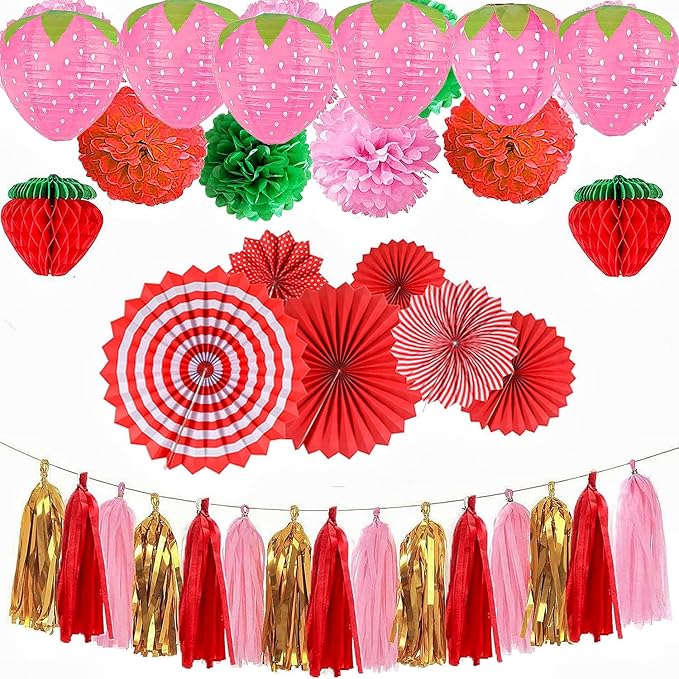 8PCS Strawberry Paper Lanterns, Strawberry Hanging Paper Lantern Decorations Strawberry Decoration Hanging for Room Birthday Party Wedding Garden Decor - 8 Inch Pink