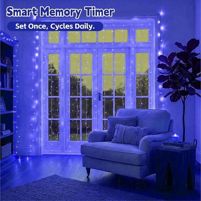 Curtain String Light, 200LED 6.6x6.6ft, Remote & 8 Modes, USB | Window Wall Hanging String Lights, For Bedroom, Wedding, Party, Home, Garden and Indoor Decorations, Blue
