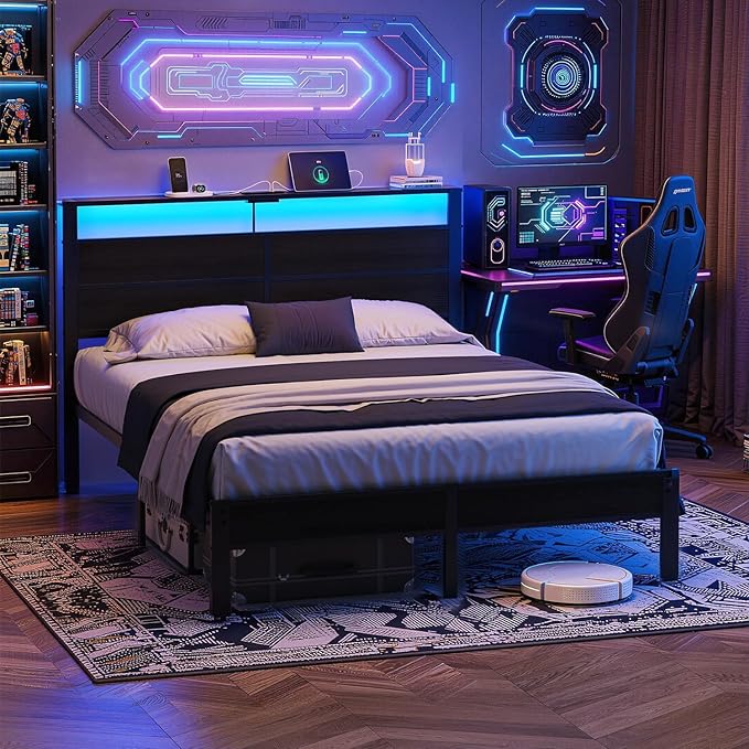 Queen Size Bed Frame with LED Lights and Charging Station Headboard | Black Metal Platform Bed, Storage Shelf, USB+Type C, Noise Free, No Box Spring Needed, Easy Assembly