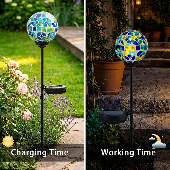 VCUTEKA Decorative Solar Garden Lights, 3.5" Mosaic Globe Outdoor Stake | Mosaic Glass Globe Design, Solar LED Light, Waterproof Design, Auto On/Off and Metal Stake Design for Lawn and Patio
