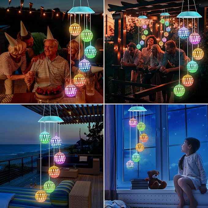 Toodour Solar Wind Chime, Color Changing Moroccan Ball Wind Chimes | LED Decorative Mobile, Gifts for Mom, Waterproof Outdoor Decorative Lights for Garden Patio Party Yard Window Outdoor Decor