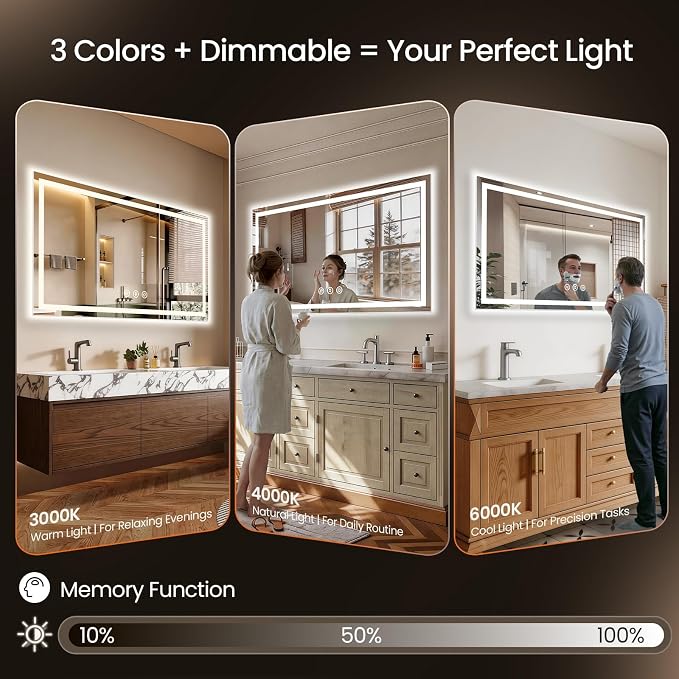 55x30 LED Bathroom Mirror with Anti-Fog, Backlit & Front Lit, Memory | Stepless Dimmable 3 Color CRI 95+ Shatterproof Tempered Glass ETL Listed for Safety Lighted Bathroom Vanity Mirror for Wall
