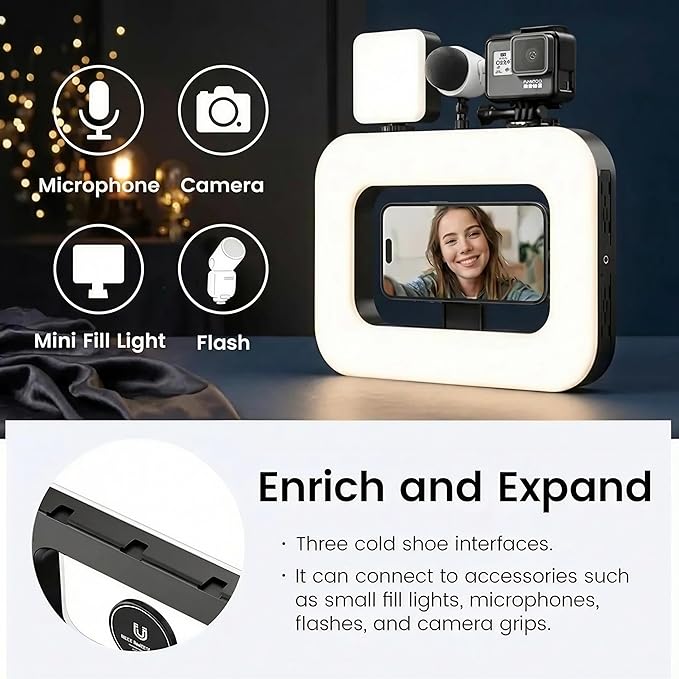 Ring Light for Phone, Magnetic Selfie Light with Tripod Stand, Rechargeable RGB Video Light, 10 Brightness Levels & 3 Cold Shoes for Recording, Vlogging, Influencers, Makeup