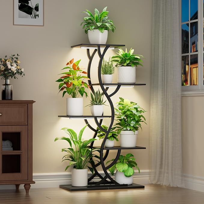 Plant Stand Indoor with Grow Lights - 5 Tiered Corner Plant Shelves (Black) | 44" Tall Metal Plant Shelf, S-Shape Lighted Flower Holder Dispaly Rack for Living Room, Home, Patio, Balcony