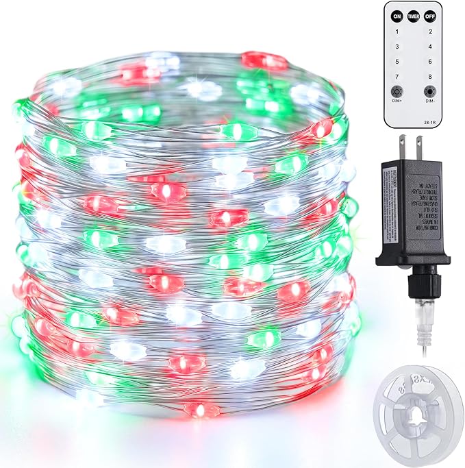 JMEXSUSS 200 LED Red White Green Fairy Lights Plug in | 8 Modes Christmas Fairy Lights Indoor Outdoor with Wheel, 66 ft Remote Control Twinkle Lights for Christmas