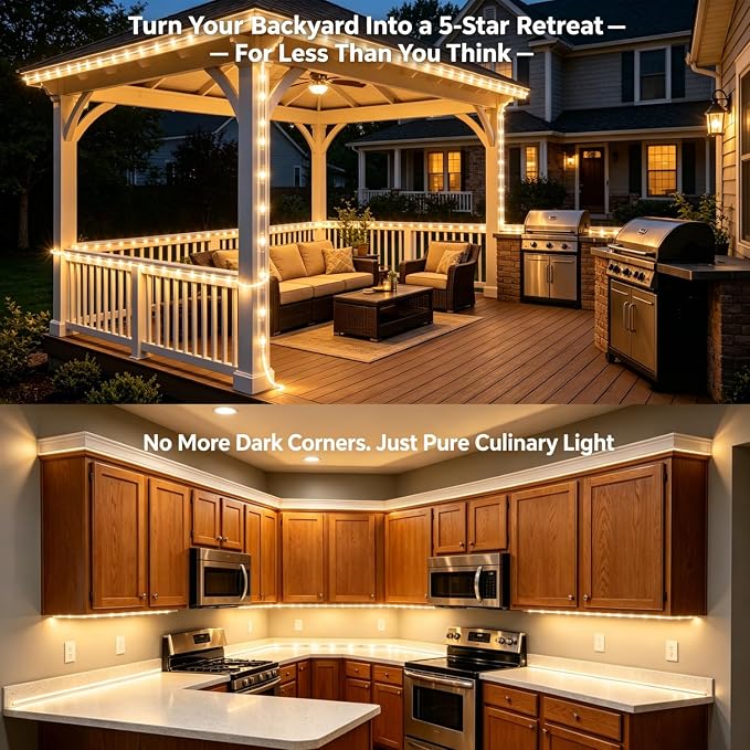 16.4ft Warm White 3000K Strip Light ETL | Waterproof, connectable up to 12 strips. 50,000hr lifespan. Indoor/outdoor mood lighting for home, patio, Christmas.
