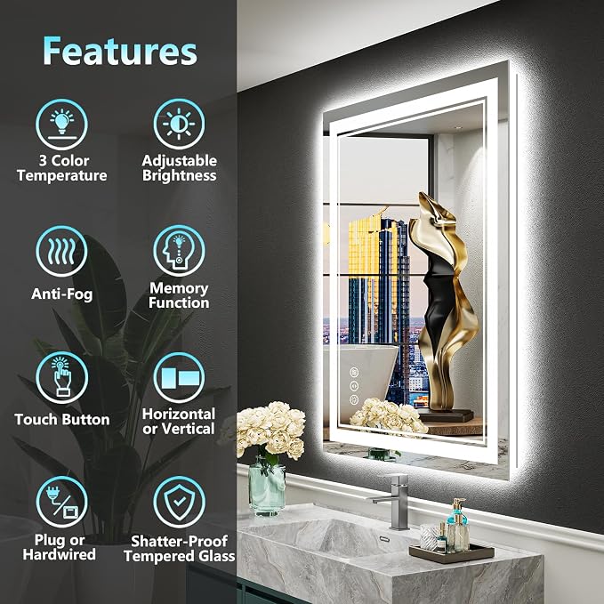 20x28 LED Bathroom Mirror, Backlit & Front Lit Lighted Mirror | Anti-Fog Vanity Mirror with Lights, 3 Color Dimmable, Memory, HD Tempered Glass, CRI95, IP54, UL Listed, Horizontal/Vertical