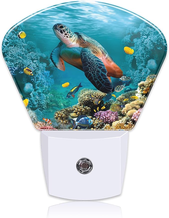 Sea Coral Turtle Underwater World Night Light for Kids Girls Boys, Sea Turtle LED Night Light Plug into Wall with Dusk to Dawn Sensor for Bedroom, Hallway, Kitchen, Bathroom, Stairs Decor
