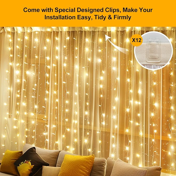 300 LED Fairy Curtain Lights, 9.8 x 9.8FT Warm White USB Plug in 8 Modes Hanging Lights with Remote for Christmas, Bedroom, Indoor, Outdoor, Weddings, Party (Warm White)