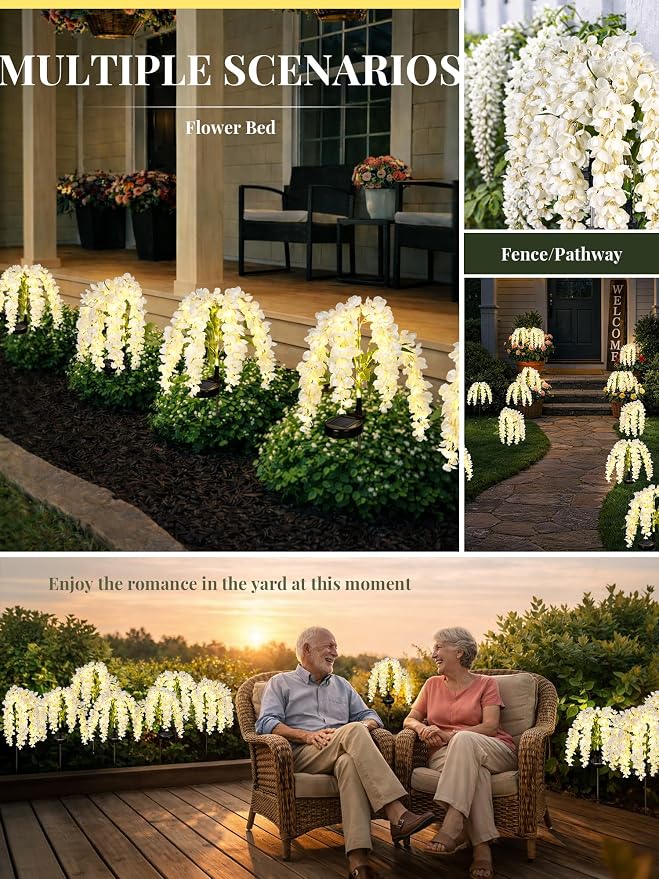 GIGALUMI 2 Pack Solar Wisteria Flowers Outdoor, 2 Modes, White | Flower Lights, IP65 Waterproof, Auto On/Off, Solar Powered, Garden Decor, for Pathway, Yard, Patio, Gardening Gifts for Women
