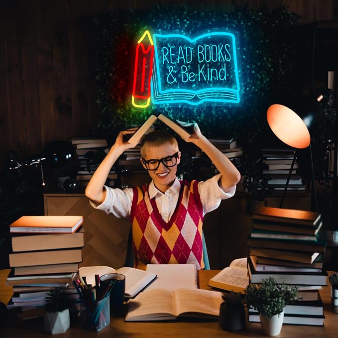 Read Books Be Kind Neon Sign for Wall Decor Reading Neon Light Study Room | Dimmable Led Neon,Teen Birthday Reading Gifts,5V USB Powered,Bookstore Bedroom Decor, Classroom Library Wall Art,13.7*10in