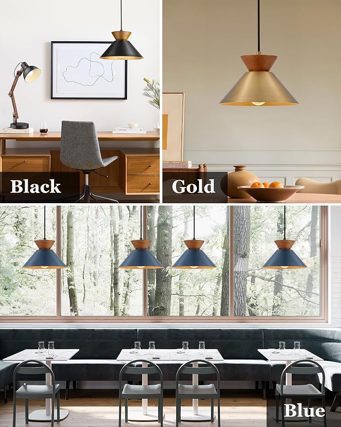 ELYONA Vintage Pendant Light for Kitchen Island, 10" Solid Wood Hanging Lamp with Brushed Brass Metal Shade & Gold Inner Finish, Mid Century Pendant Light Fixtures for Dining Room Bedroom Living Room