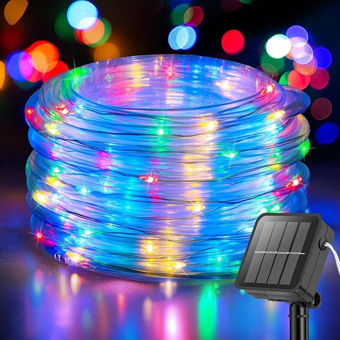 ANJAYLIA 33FT 100 LED Solar Rope Lights Outdoor Waterproof, Solar Powered Rope String Lights with 8 Modes for Outdoor, Patio, Garden, Camping, Holiday & Christmas Décor Multicolor