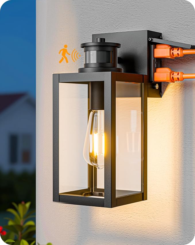 EDISHINE Porch Lights with GFCI Outlet, Motion Sensor & 3 Modes Modern Outdoor Wall Lights, 12" H Dusk to Dawn Exterior Light Fixture Waterproof Wall Lantern for Front Door, Garage, Black