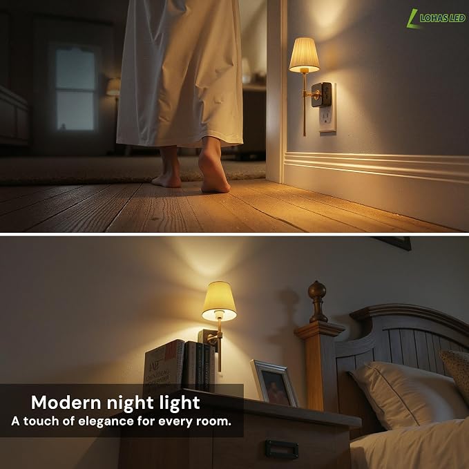 L LOHAS LED Night Lights Plug into Wall, Pleated Fabric Cover Night Light | Dusk to Dawn Sensor Vintage Nightlight, 0-100LM Dimmable, for Bedroom Living Room Hallway
