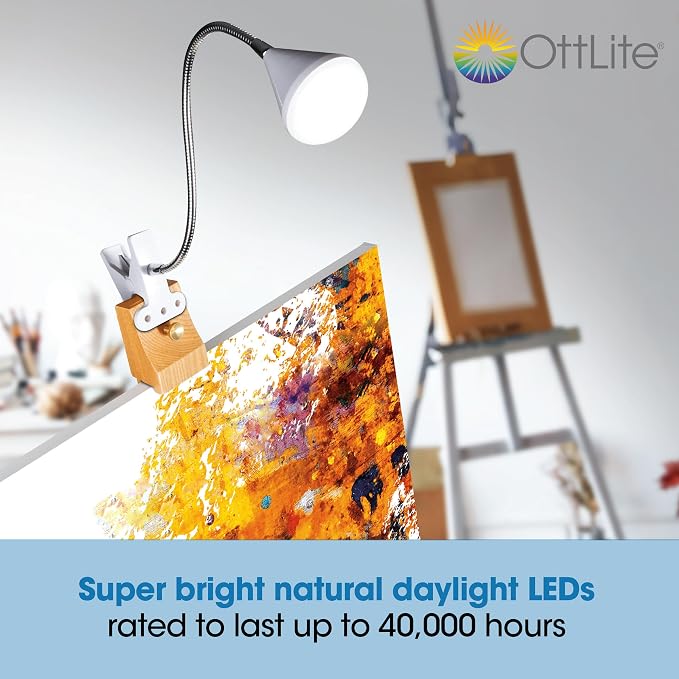 OttLite LED Cone Clip Lamp, Flexible Neck, White | Natural Daylight LEDs | Sturdy Clip | Adjustable Flexible Neck 9"-18.5" | 320 Lumens
