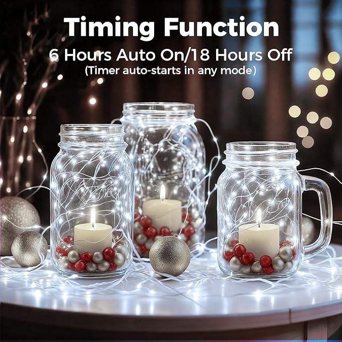 litogo 6 Pack Cool White Fairy Lights Battery Operated with Timer, 20 LED 3 Modes Twinkle Light, 7ft Waterproof Silver Wire Mini Small Bulk Mason Jar String Light, Decor for Wedding Party Christmas