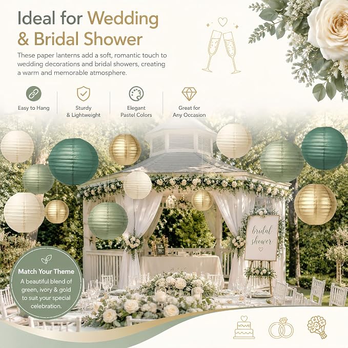 Boho Paper Lanterns Set of 12, 6/8/10 Inch Sage Green, Gold & Cream Hanging Decor for Wedding, Bridal Shower & Party