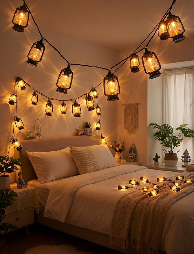 12FT Black Mini Kerosene String Lights, 20 LED Vintage Lantern Fairy Lights, Connectable Outdoor Decorative Lights for Patio Bedroom Camping Wedding Garden Christmas Party Decor