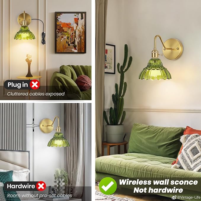 Vintage Battery Operated Wall Sconces Set Of Two, Indoor not Hardwired Brass Green Glass Lampshade Fixtures,Rechargeable Wireless RGB Wall Lights with Dimmable Remote Control,for Bedroom Living Room