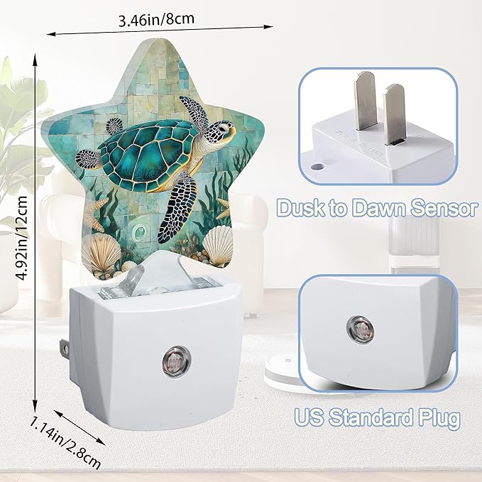 Sea Turtle Night Lights Plug Into Wall,Ocean Coral Starfish Star Night Light for Kids,Nightlight with Dusk to Dawn Smart Sensor for Bedroom Bathroom Decor,Children Women Men Gift