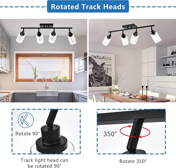 MELUCEE 4 Light Track Lighting Kit 28.7 Inch Bathroom Light Fixtures | Matte Black Ceiling Spotlight Fixture for Hallway Foyer Bath Storage, Clear Glass Shade