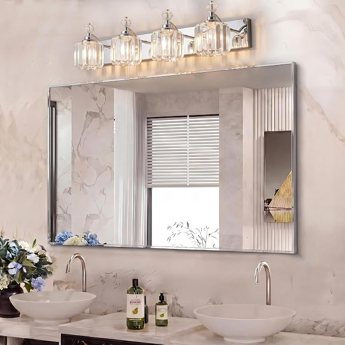 Chrome Light Fixtures, 4 Light Bathroom Vanity Light with 42pcs Crystal Sheet, 30in Modern Vanity Light, Bathroom Lighting Fixtures Over Mirror