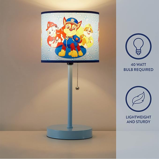 Nickelodeon Paw Patrol Kids Table Lamp with Pull Chain, Stick Lamp Featuring Chase, Rubble & Marshall, Decorative Printed Shade for Bedroom, Playroom or Nursery Lighting