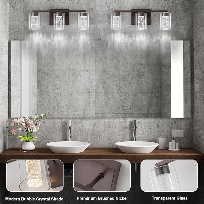SineRise 3-Light Bronze Vanity Light with 3 Color Modes (3000K/4000K/6000K), Eye Protection LED Bathroom Light Fixture, Dimmable Modern Wall Light Over Mirror with Clear Glass Shade