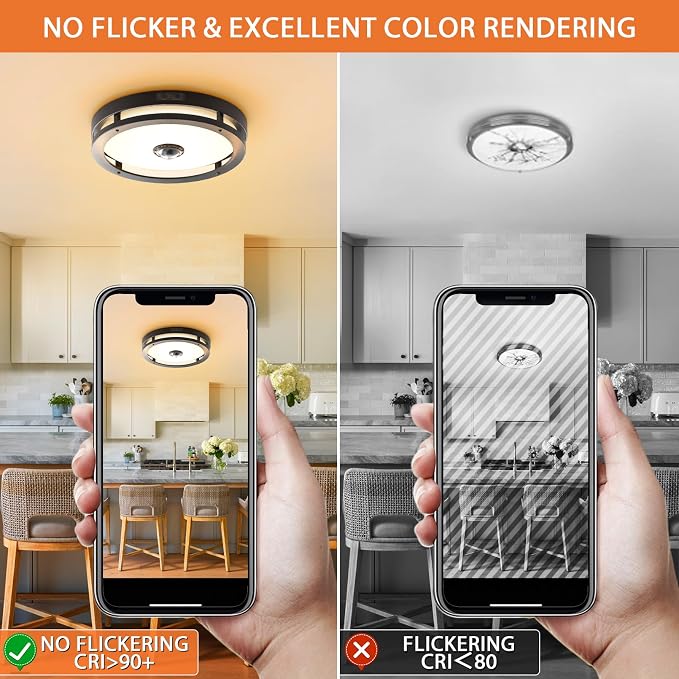 Outdoor Motion Sensor Flush Mount Ceiling Light, 12" Dusk to Dawn Porch Modern Black Exterior Light, Ceiling Light, Ceiling Light Fixture for Patio, Garage, Entry, 2 Pack
