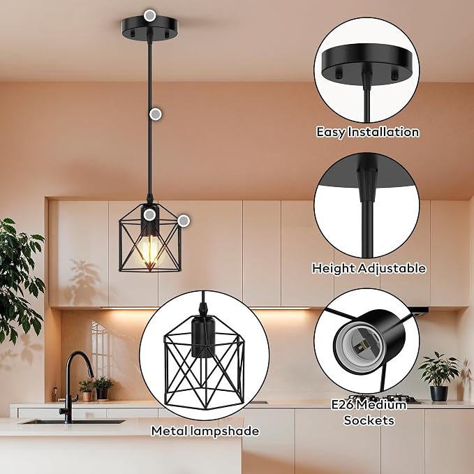3 Light Pendant Lighting, Farmhouse Hanging Light Fixture for Kitchen Island & Dining Room, Industrial Vintage Ceiling Lamp with E26 Base, Adjustable Height, Matte Black