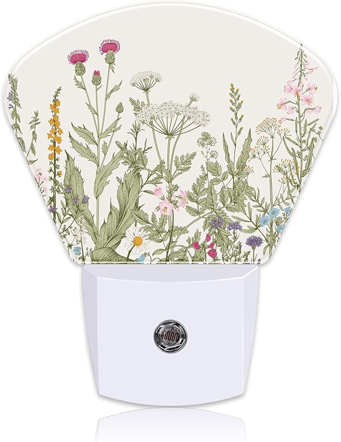 Vintage Wildflowers Plug in Night Lights, Colorful Herbs Nightlight Plug Into Wall Dusk to Dawn Sensor for Kid Girls Boys Women Men Bedroom, Hallway, Kitchen, Bathroom, Stairs Decor