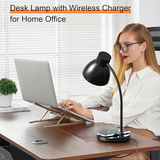 LED Desk Lamp for Home Office with Wireless Charger, Black | 3 Color Modes Dimmable Eye-Caring Study Reading Dorm Desk Lamp, 360° Flexible Arm Table Lamp for College Dorm Room, 800 Lumen