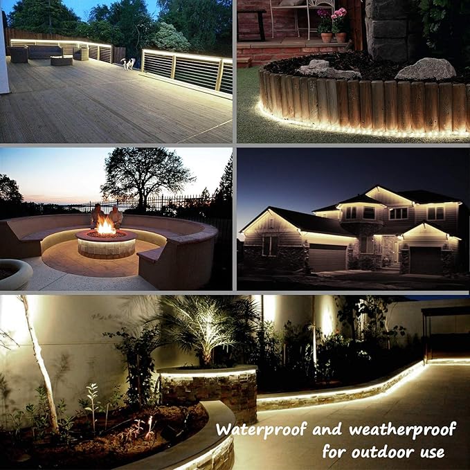 33ft Strip Lights Outdoor, LED Flat Flexible Rope Lighting, 3000K Soft White, Waterproof Connectable Décor Lights for Bedroom Living Room Garden Patio Pergola Christmas Party
