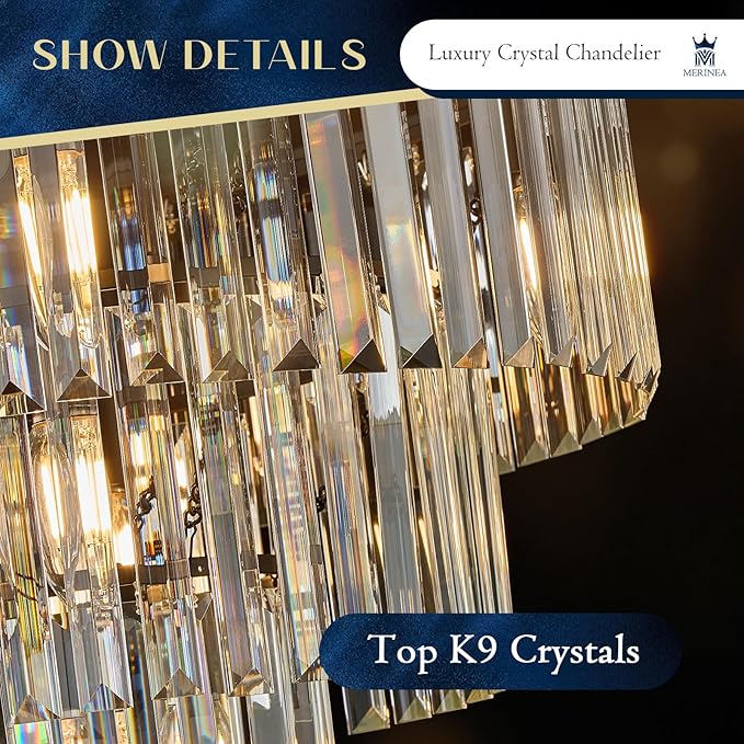 Crystal Chandeliers Black Modern Round 20" Chandelier 7 Lights 3-Tier Ceiling Pendant Light Fixture Luxury K9 Crystal Lighting for Living Room Dining Room Bedroom Kitchen Foyer