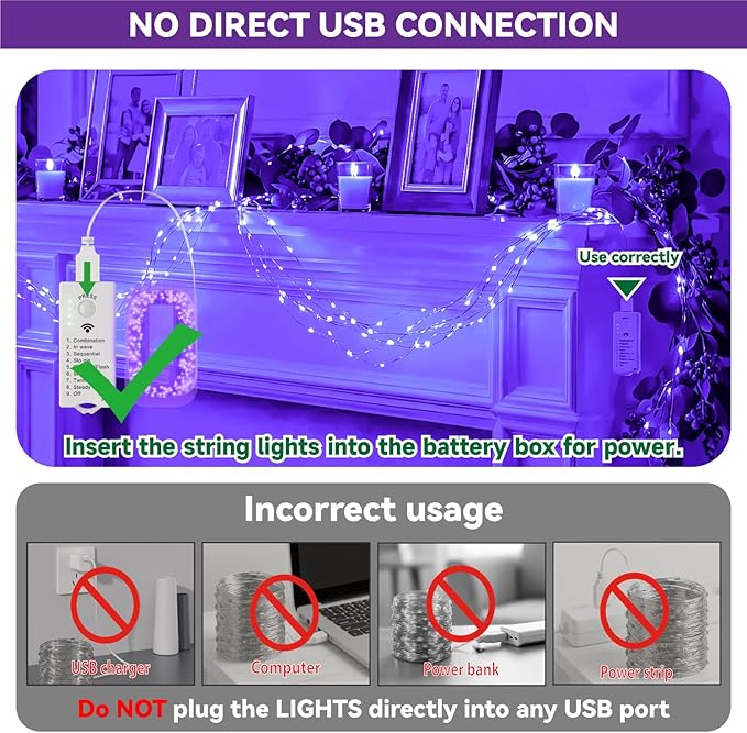 ZSJWL Rechargeable Fairy Lights with DIY Timer & 8 Modes, 16FT 50LED String Lights Battery Operated Indoor, Twinkle mini Lights for Bedroom Christmas Wedding Centerpiece Decor (Purple)